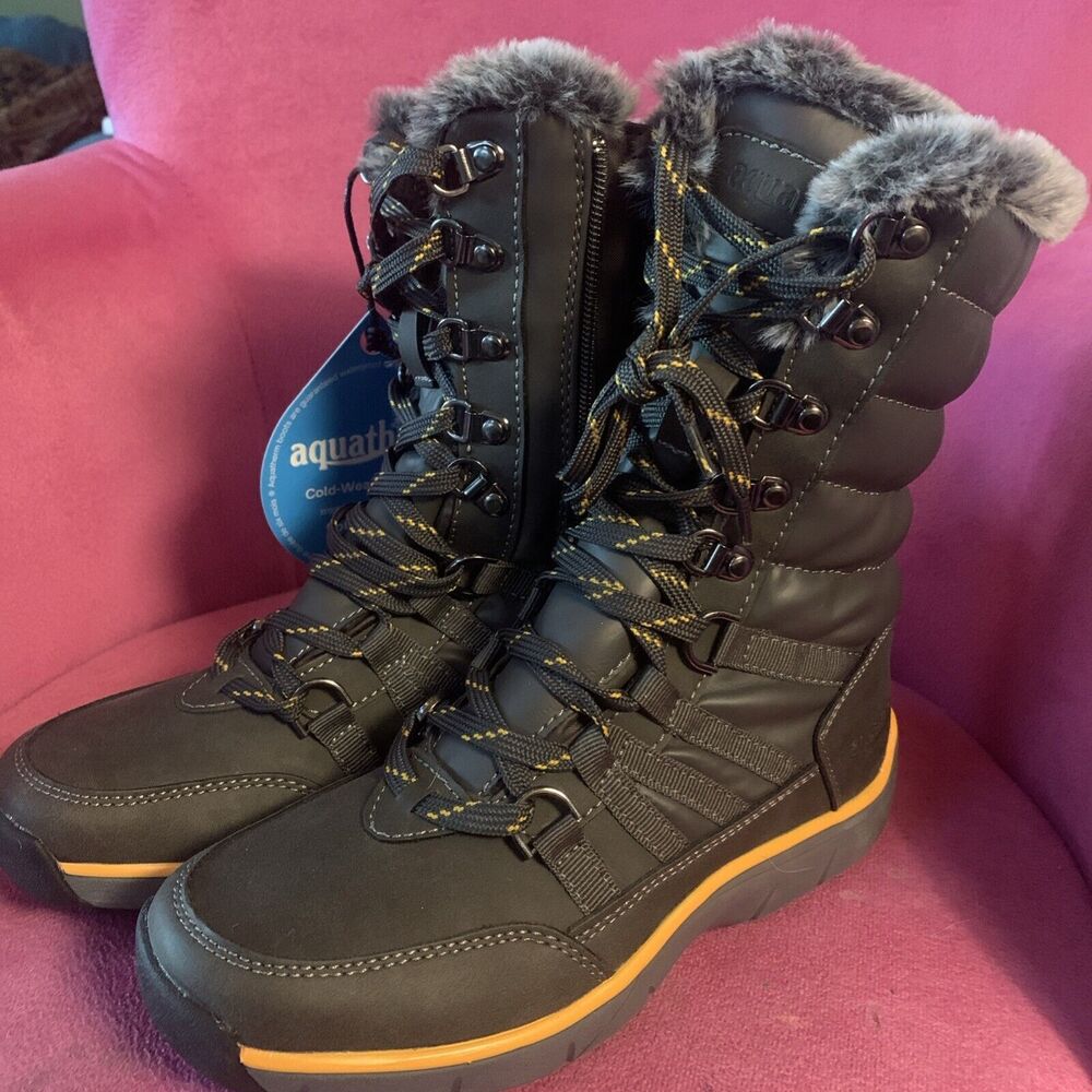 Aquatherm Womens Size 6 Cold Weather Boots Black‎ Faux Fur Waterproof Anti Slip